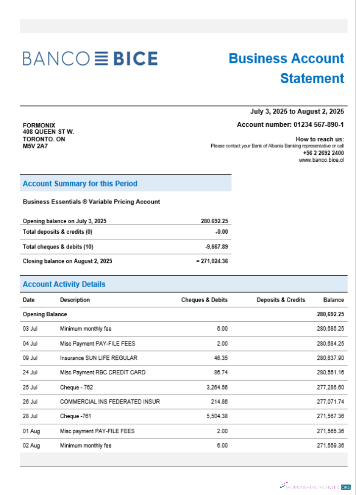 Download Chilean Banco Bice business firm account bank statement Word and PDF format Photoshop template